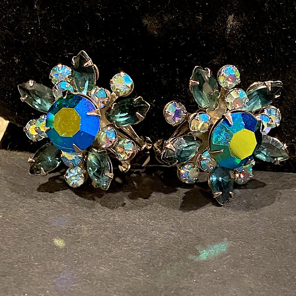 Beau Jewels Beautiful Blue AB Crystal Clip Earrings in Silver Tone